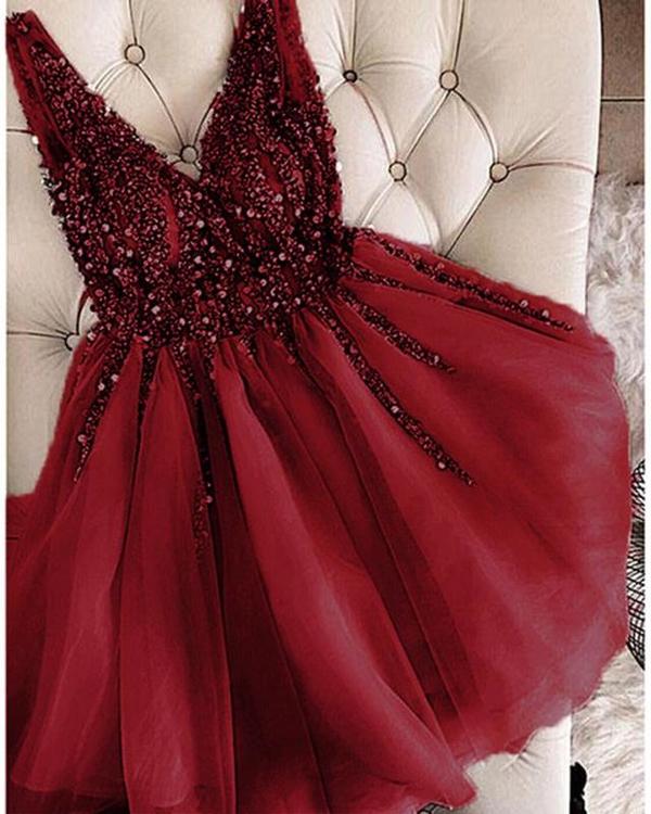 Charming Homecoming Dress V Neck Beaded Pleated Back to School Outfits Party Dress  D7480