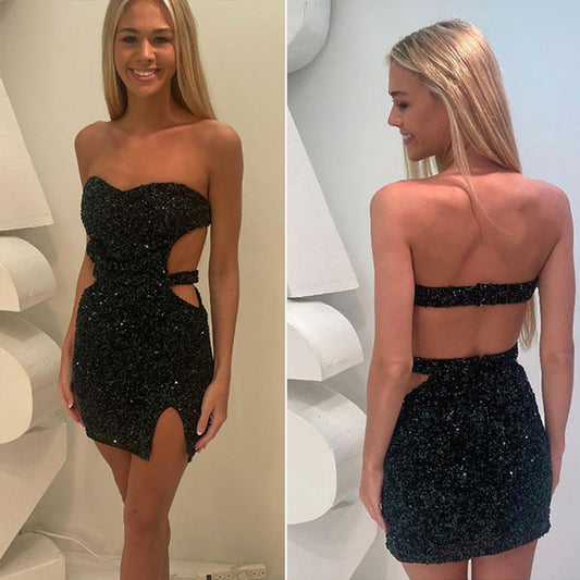 Unique Homecoming Dress Sweetheart Sequins Slit Backless Back to School Outfits Party Dress  D7668