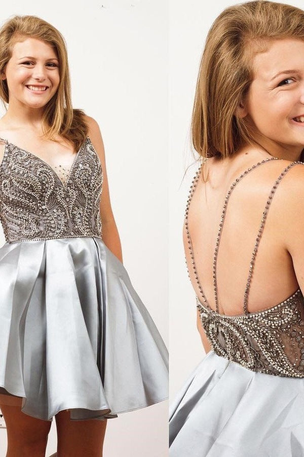 Chic Homecoming Dress V Neck Bead Pleated Back to School Outfits Party Dress Birthday Outfits D7429