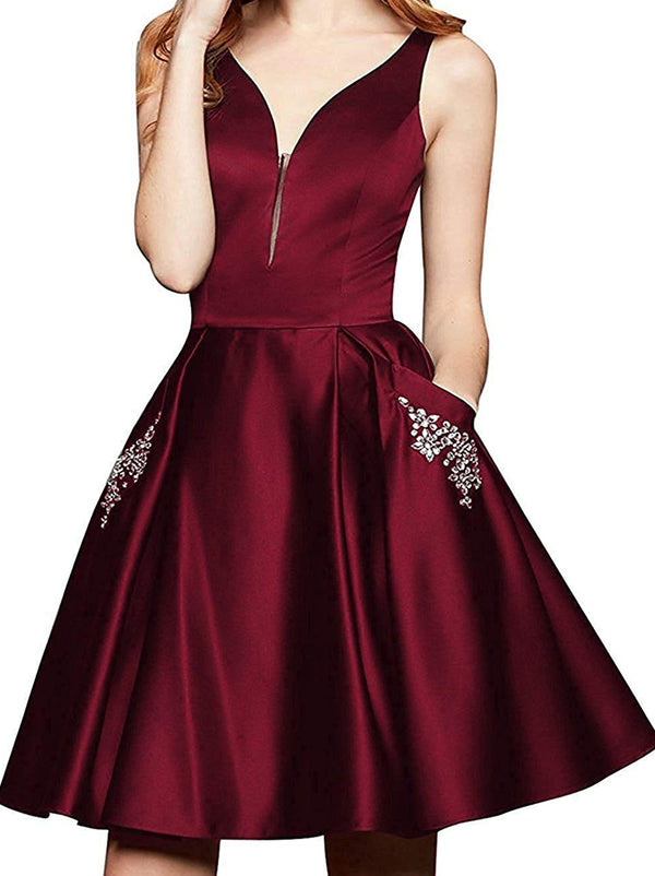 Charming Homecoming Dress V Neck Pockets Rinestone Pleated Back to School Outfits Party Dress  D7484