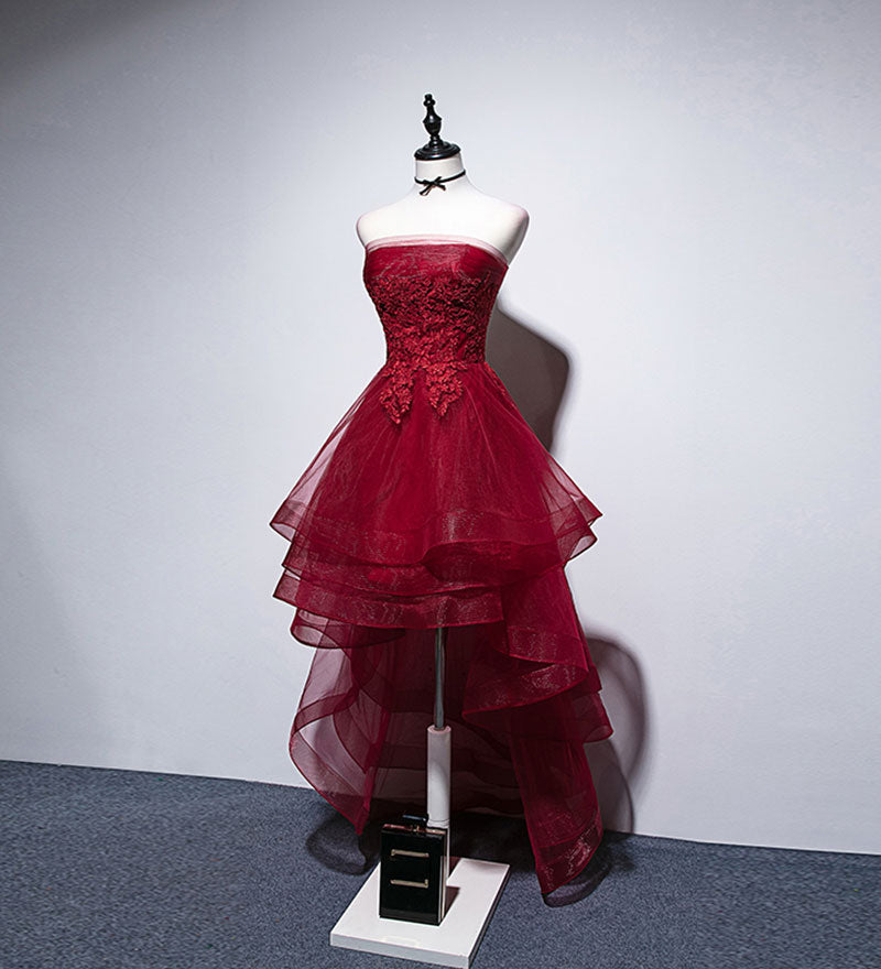 Unique Homecoming Dress Strapless Tulle Cascade Hi-Lo Applique Back to School Outfits Party Dress  D7682