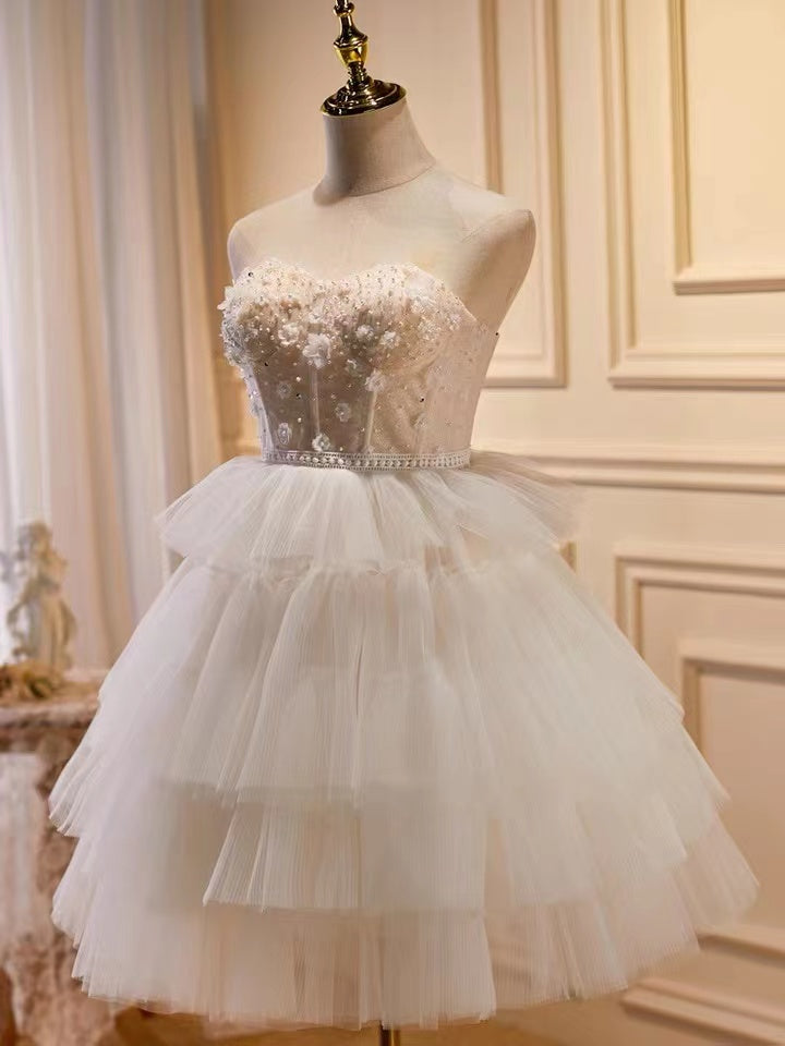 New Homecoming Dress Sweetheart Lace Flower Tulle Cascade Bead Back to School Outfits Party Dress D7587