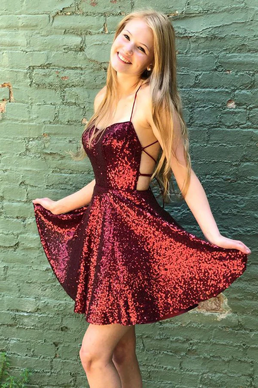 Shiny Homecoming Dress Spaghetti Strap Sequins Backless Back to School Outfits Party Dress D7519