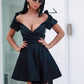 New Homecoming Dress Off the Shoulder Black V Neck Pleated Back to School Outfits Party Dress D7529