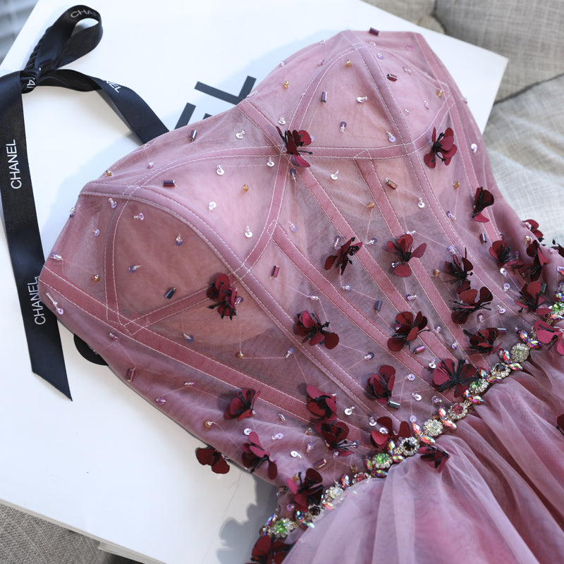 Unique Homecoming Dress Sweetheart Bead Flower Sequins Hi-Lo Tulle Rinestone Back to School Outfits Party Dress  D7691
