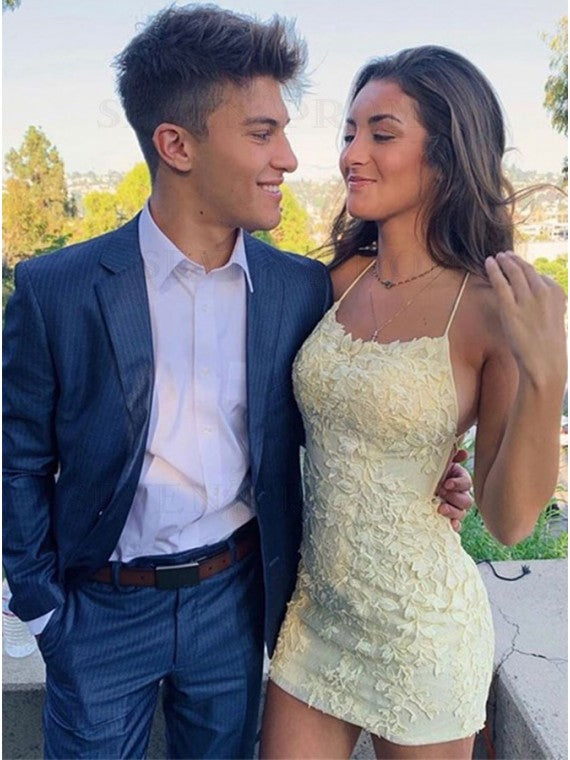 Charming Homecoming Dress Halter Applique Lace Hugging Backless Back to School Outfits Party Dress D7465