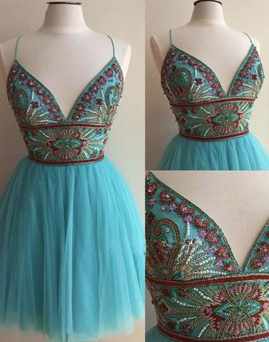 Lovely Homecoming Dress V Neck Spaghetti Strap Applique Beaded Back to School Outfits Party Dress D7522