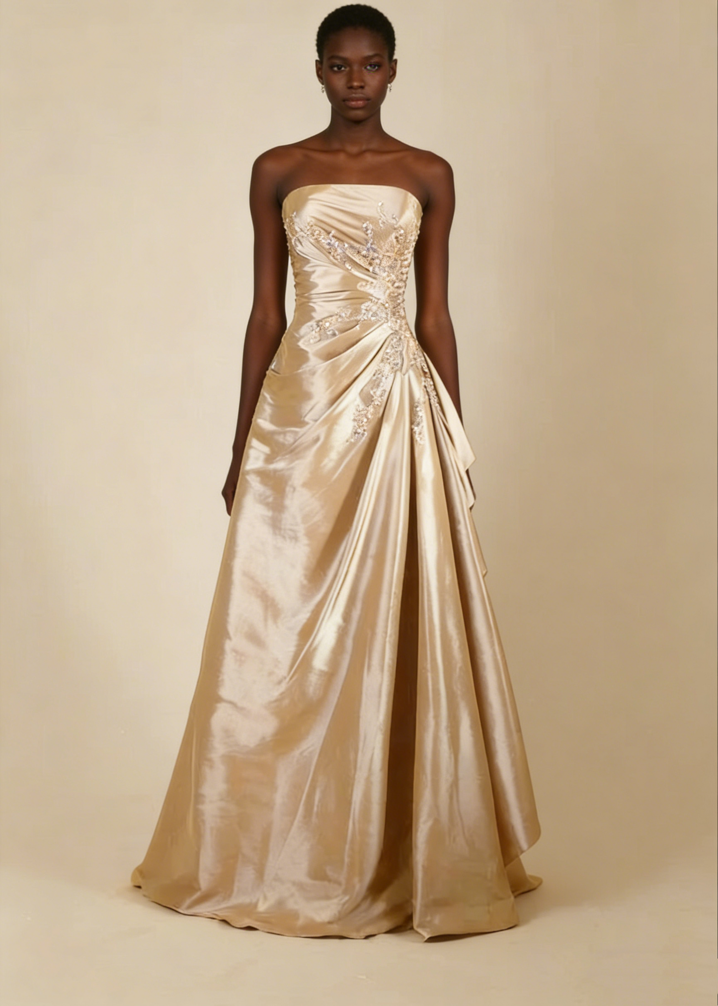 Champagne satin A Line prom dress model view