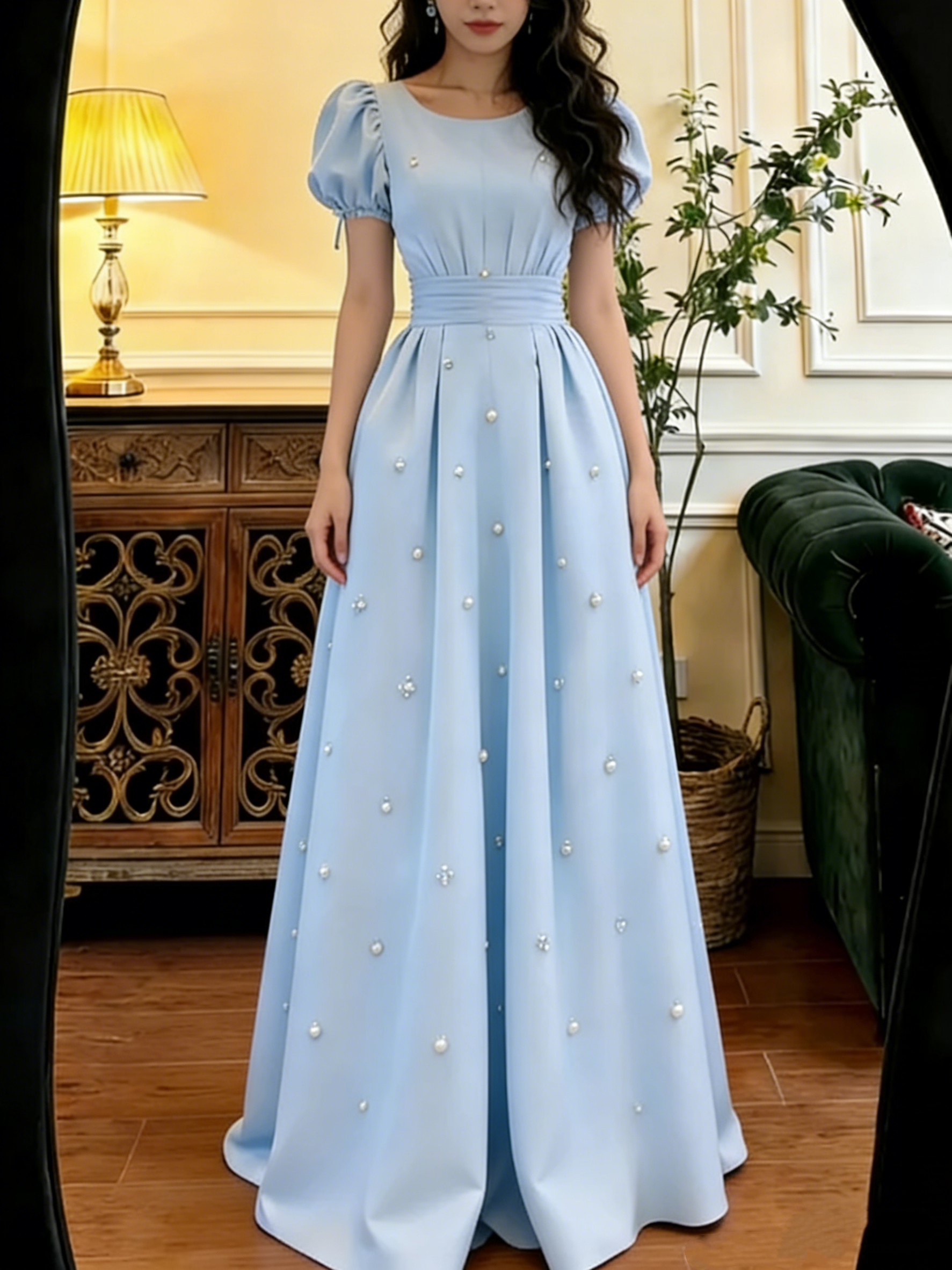 A line light blue formal dress for prom