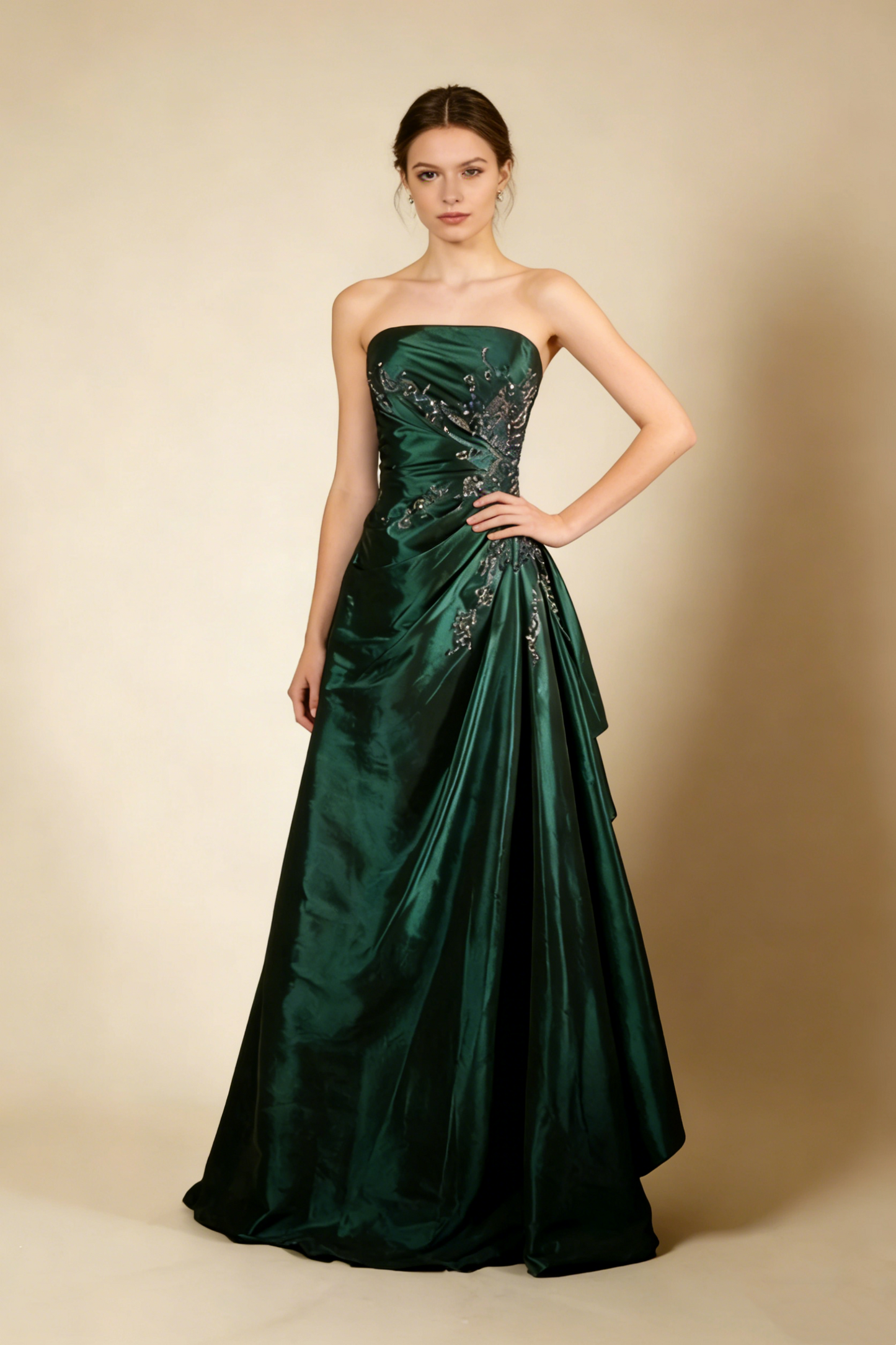 Dark green satin A line prom dress model view