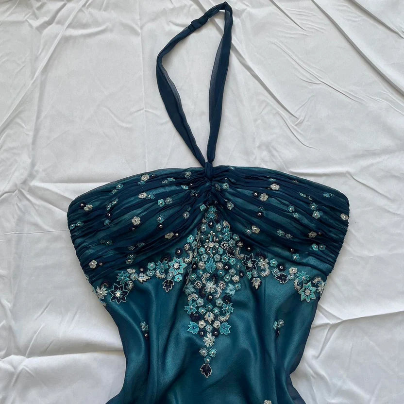 Charming Homecoming Dress Halter Beaded Tulle Embroidery Back to School Outfits Party Dress D7294