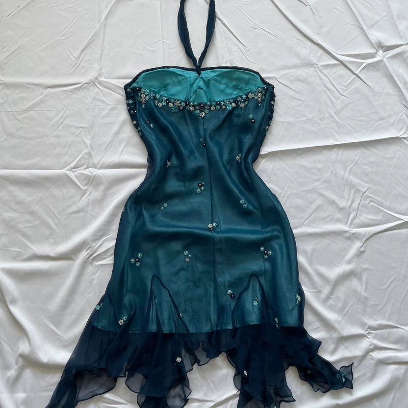 Charming Homecoming Dress Halter Beaded Tulle Embroidery Back to School Outfits Party Dress D7294