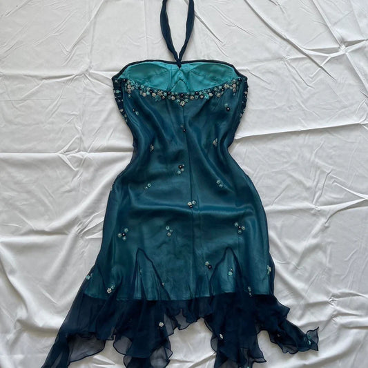 Charming Homecoming Dress Halter Beaded Tulle Embroidery Back to School Outfits Party Dress D7294
