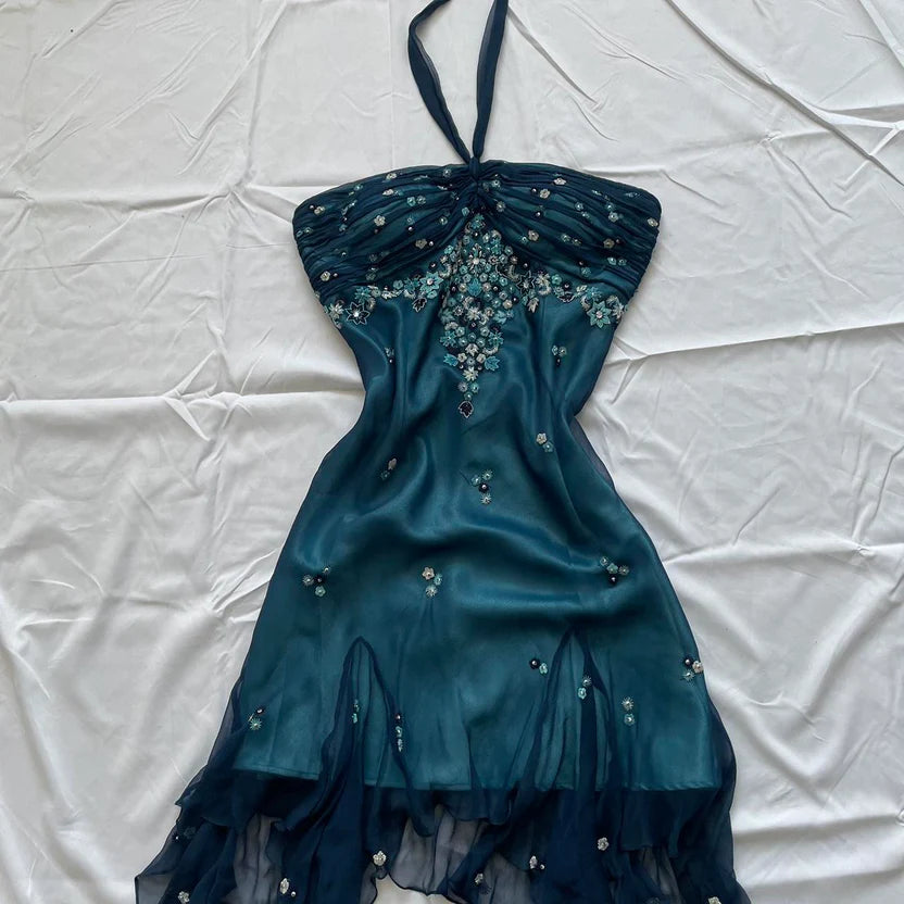 Charming Homecoming Dress Halter Beaded Tulle Embroidery Back to School Outfits Party Dress D7294