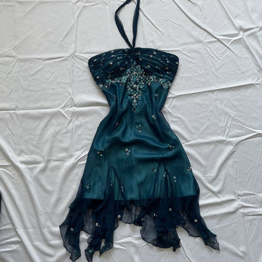 Charming Homecoming Dress Halter Beaded Tulle Embroidery Back to School Outfits Party Dress D7294