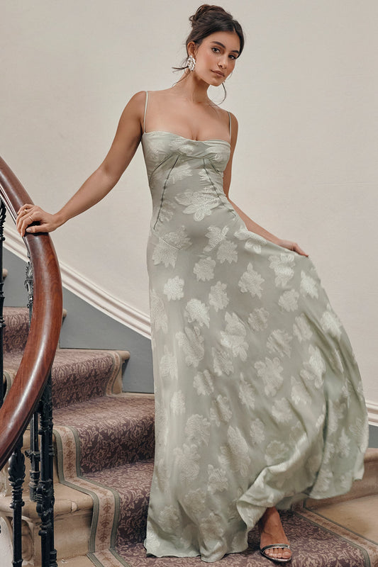 Vintage Floral Jacquard Spaghetti Strap Design Prom Dress Evening Dress D1699