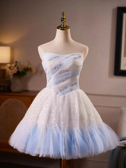 Unique Homecoming Dress Strapless Sequins Bead Tulle Back to School Outfits Party Dress  D7745