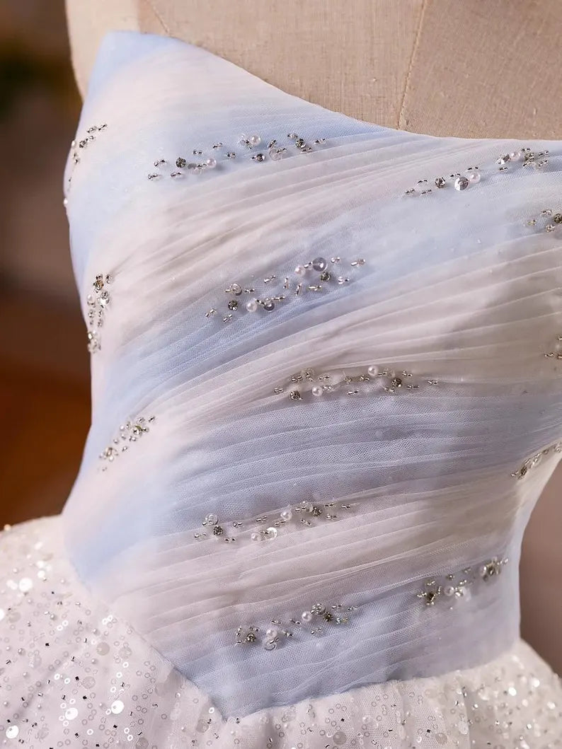 Unique Homecoming Dress Strapless Sequins Bead Tulle Back to School Outfits Party Dress  D7745