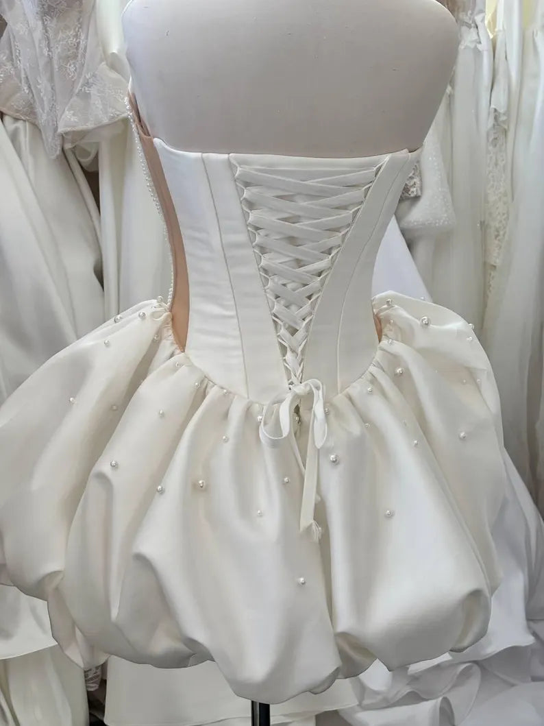 Unique Homecoming Dress Strapless Beading Pearl Back to School Outfits Party Dress Wedding Dress D7748