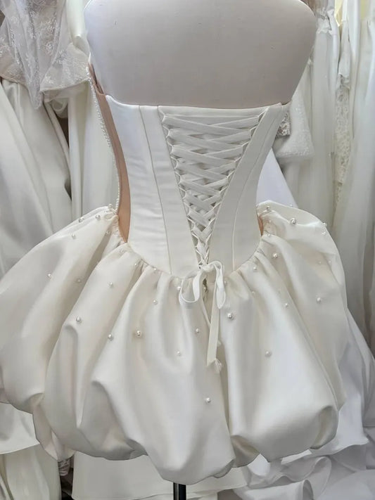 Unique Homecoming Dress Strapless Beading Pearl Back to School Outfits Party Dress Wedding Dress D7748