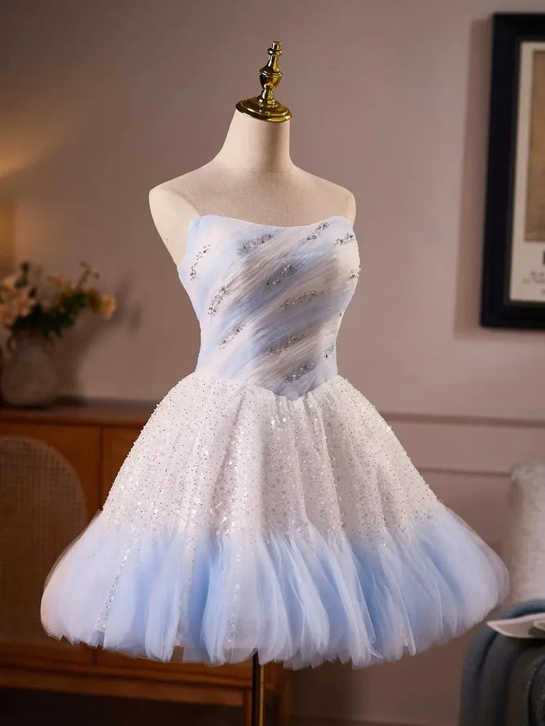 Unique Homecoming Dress Strapless Sequins Bead Tulle Back to School Outfits Party Dress  D7745