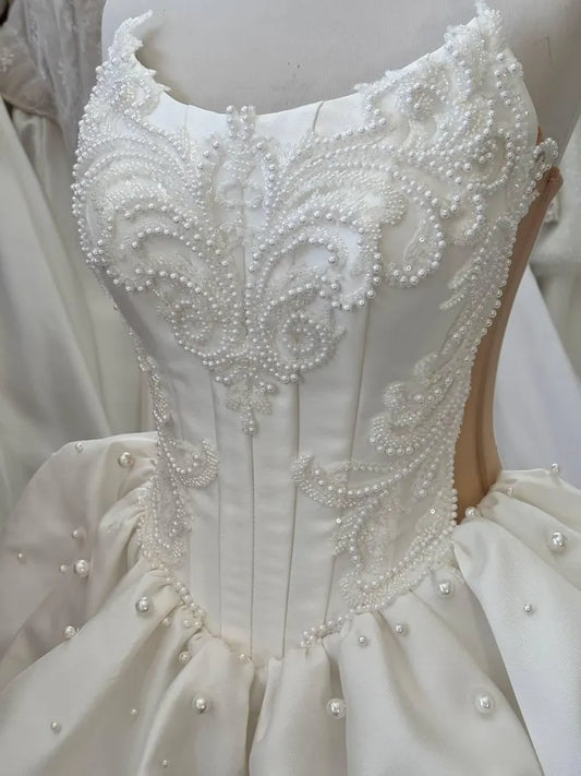 Unique Homecoming Dress Strapless Beading Pearl Back to School Outfits Party Dress Wedding Dress D7748
