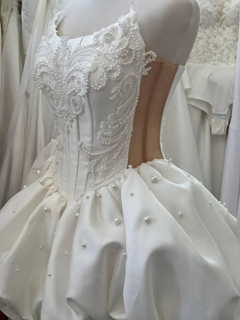 Unique Homecoming Dress Strapless Beading Pearl Back to School Outfits Party Dress Wedding Dress D7748