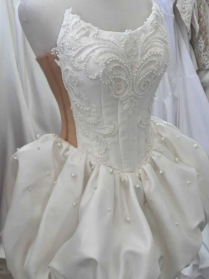 Unique Homecoming Dress Strapless Beading Pearl Back to School Outfits Party Dress Wedding Dress D7748