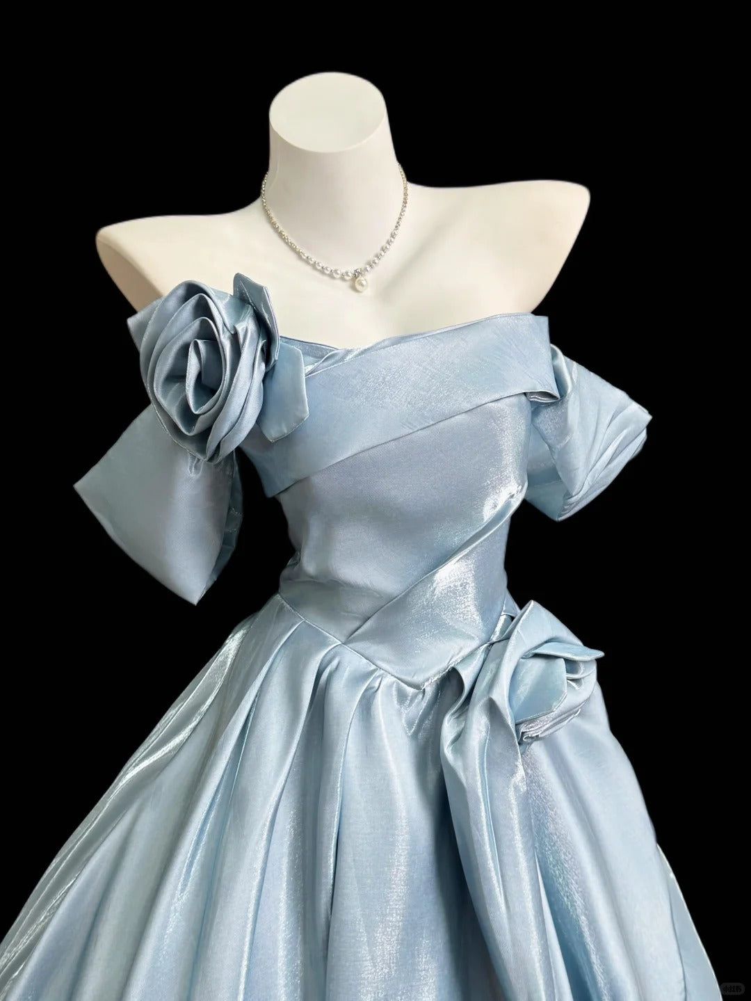Pretty Light Blue Ball Gown Off-The-Shoulder Handmade Flowers Satin Dress Quinceanera Dress 16 L230