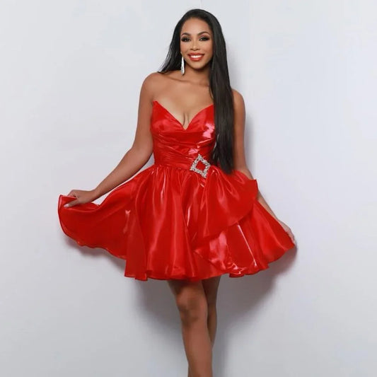 Unique Homecoming Dress V Neck Pleated Rinestone Back to School Outfits Party Dress D7767