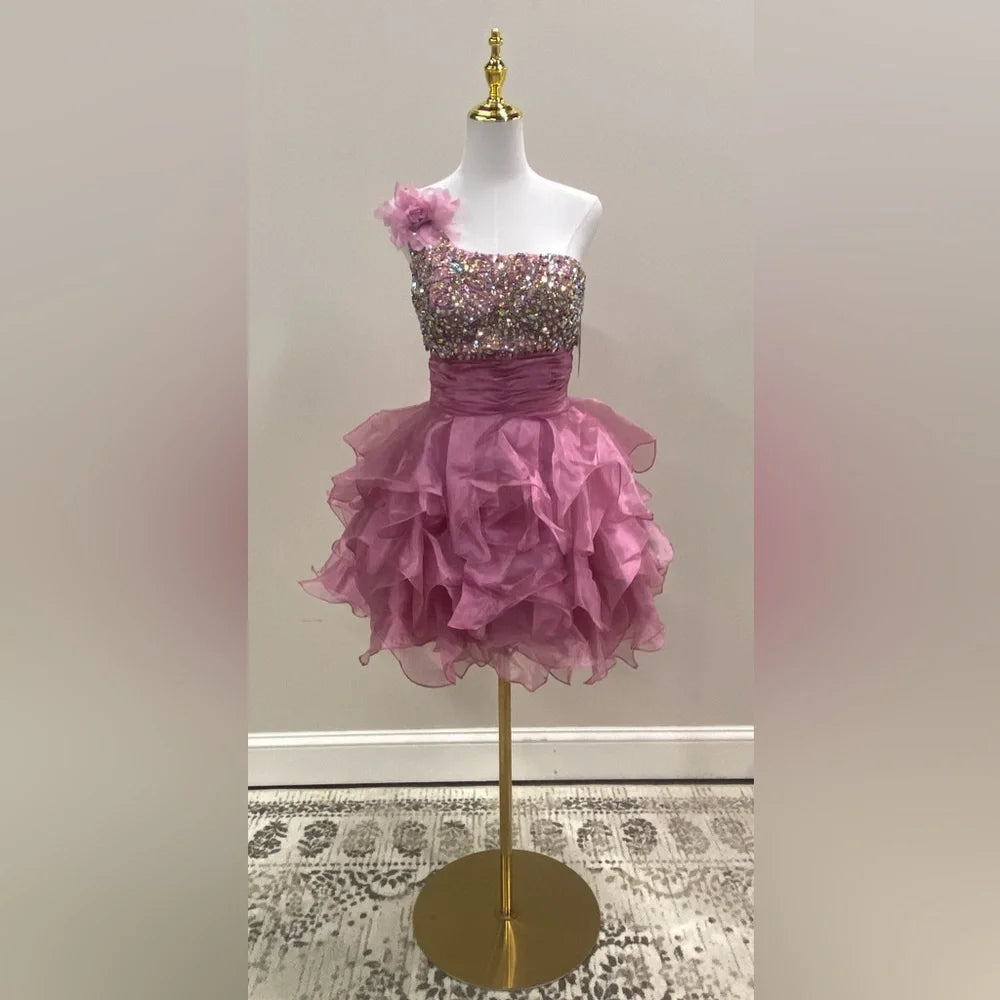 Stunning Homecoming Dress One Shoulder Beaded Sequins Tulle Rinestone Cascade Flower Back to School Outfits Party Dress D7938