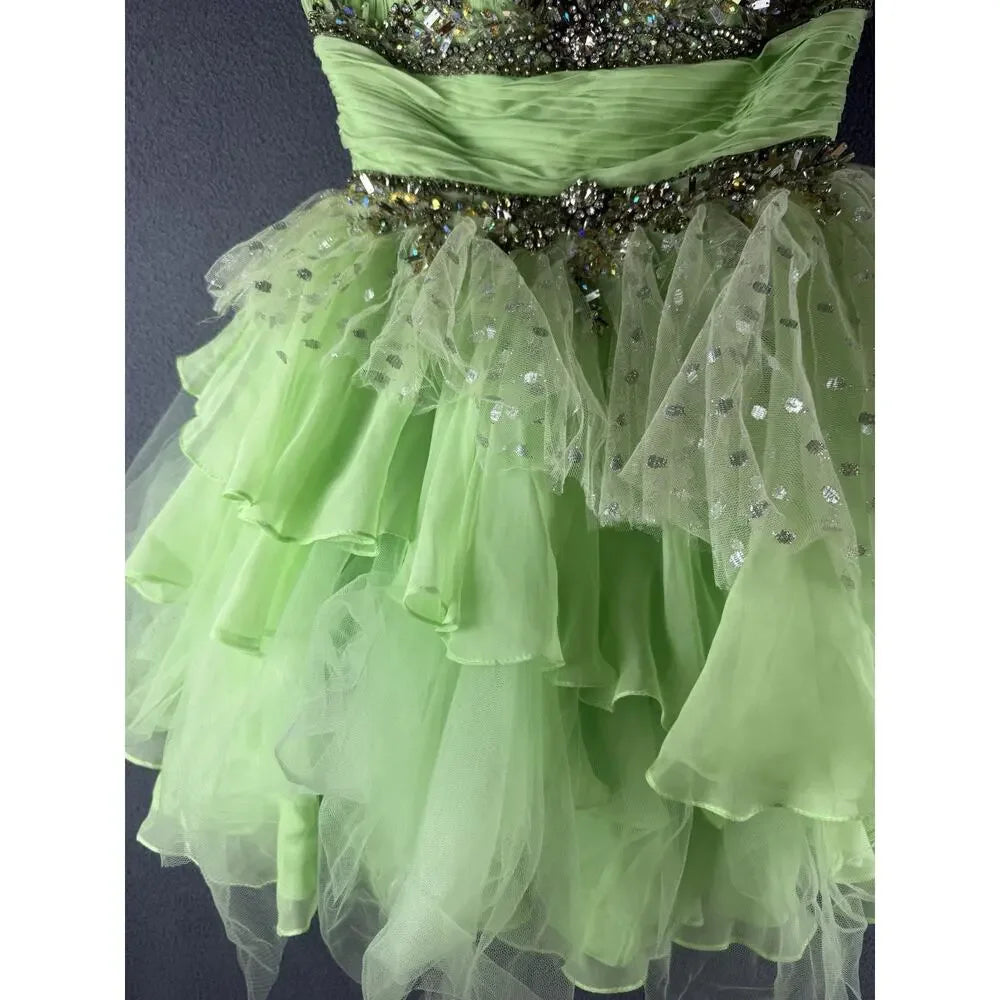 Stunning Homecoming Dress Spaghetti Strap Rinestone Beaded Sequins Tulle Cascade A-Line Back to School Outfits Party Dress D7932