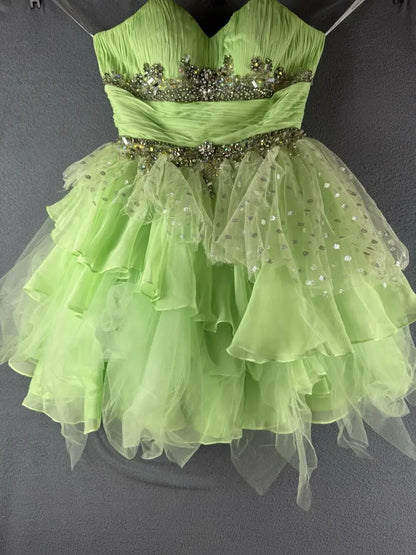 Stunning Homecoming Dress Spaghetti Strap Rinestone Beaded Sequins Tulle Cascade A-Line Back to School Outfits Party Dress D7932