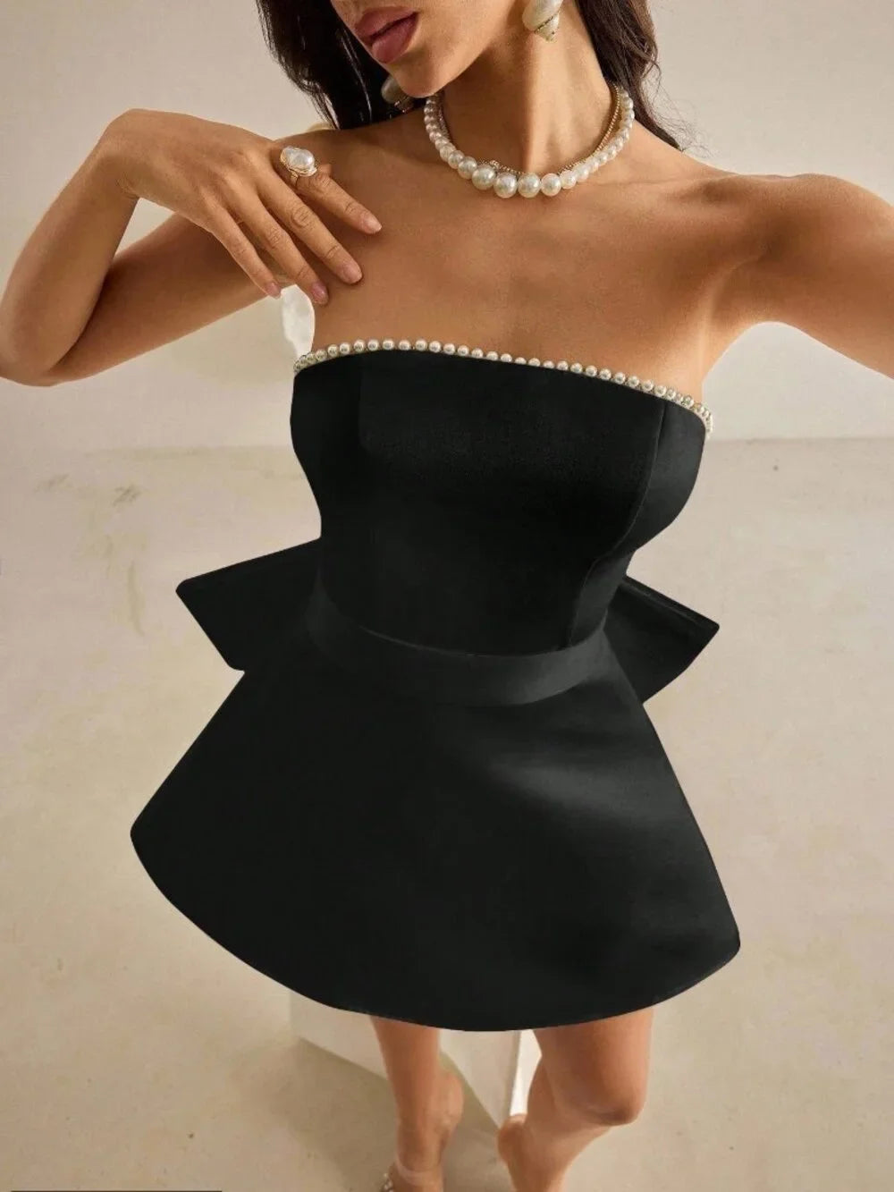 Fashionable Homecoming Dress Strapless Pearl Bowknot A-Line Back to School Outfits Party Dress D7840