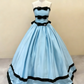 Light blue satin ball gown front view