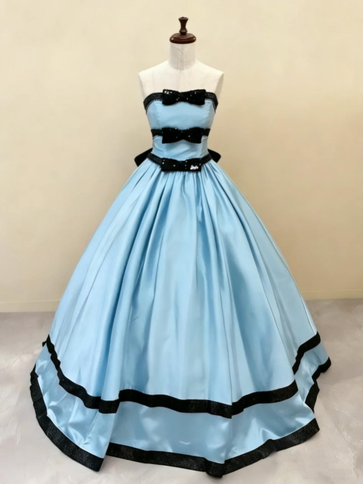 Light blue satin ball gown front view