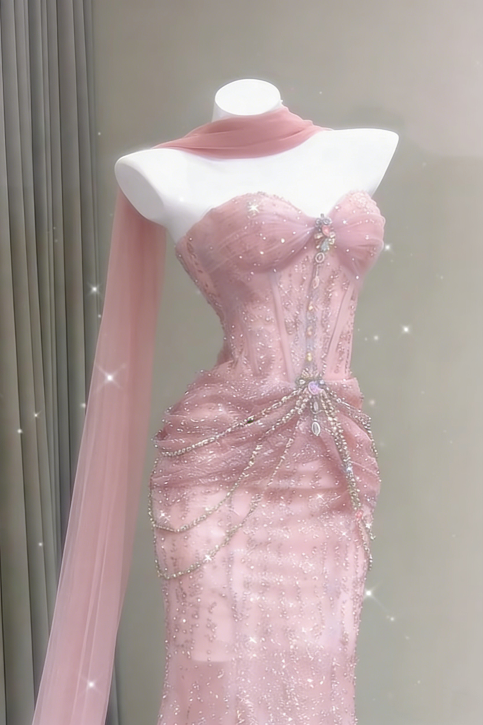 pink prom dress on mannequin Hot Pink Sequin Mermaid Custom Crystal Halter Sleeveless Prom Dress