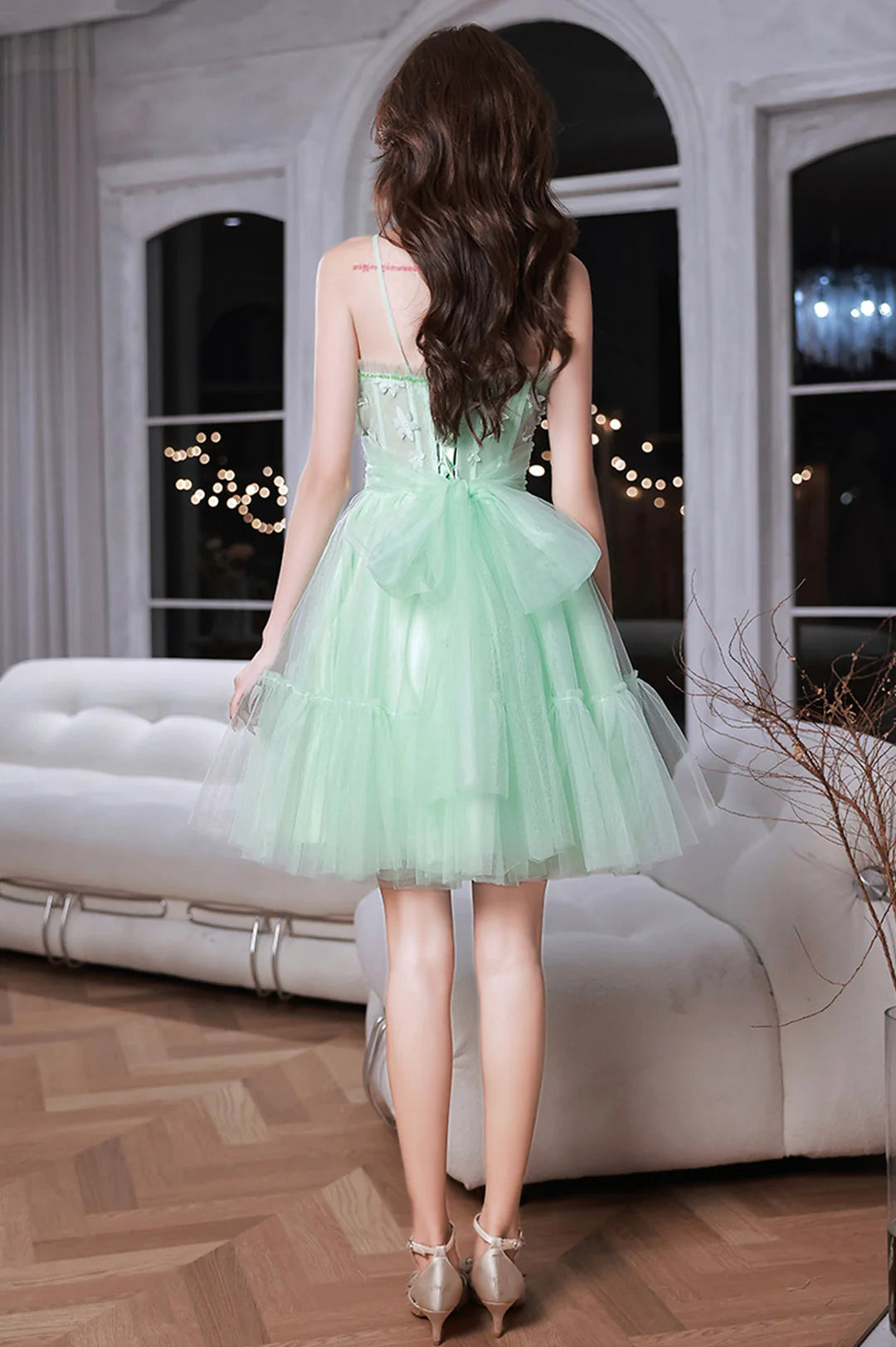 Pretty Homecoming Dress Spaghetti Straps Tulle Lace Bowknot Short Prom Dress Back to School Outfits Party Dress  D6096