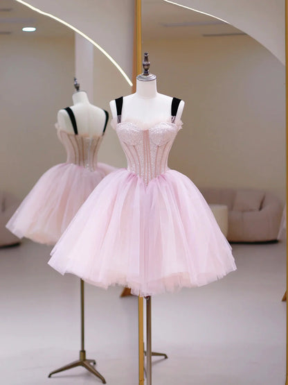 Cute Homecoming Dress Spaghetti Straps Tulle Sequins Short Prom Dress Back to School Outfits Party Dress  D6091