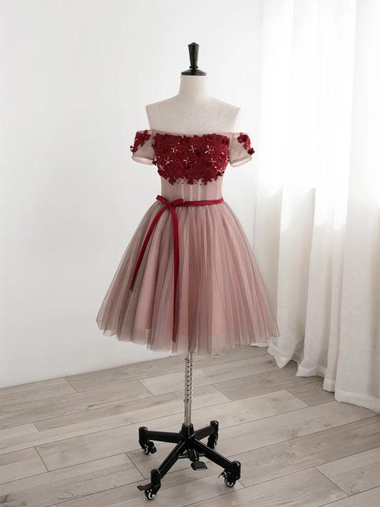 New Homecoming Dress Off the Shoulder Tulle Applique Bowknot Prom Dress Back to School Outfits Party Dress  D6113