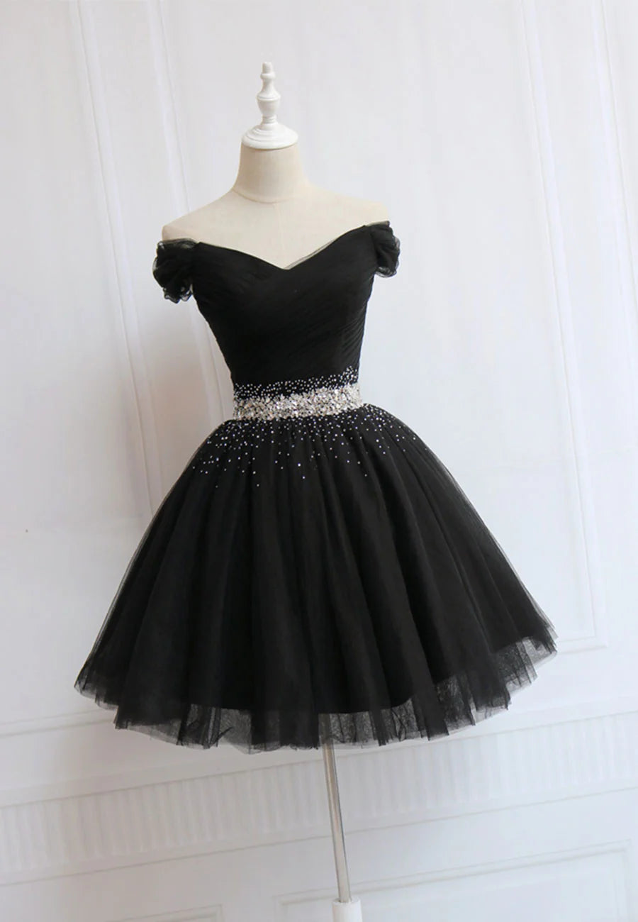 Elegant Homecoming Dress Off the Shoulder Tulle Rinestone Short Prom Dress Back to School Outfits Party Dress  D6098