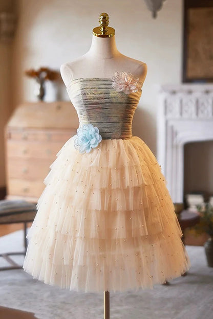 Charming Homecoming Dress Strapless Beaded Tulle Flower Short Prom Dress Back to School Outfits Party Dress  D6035