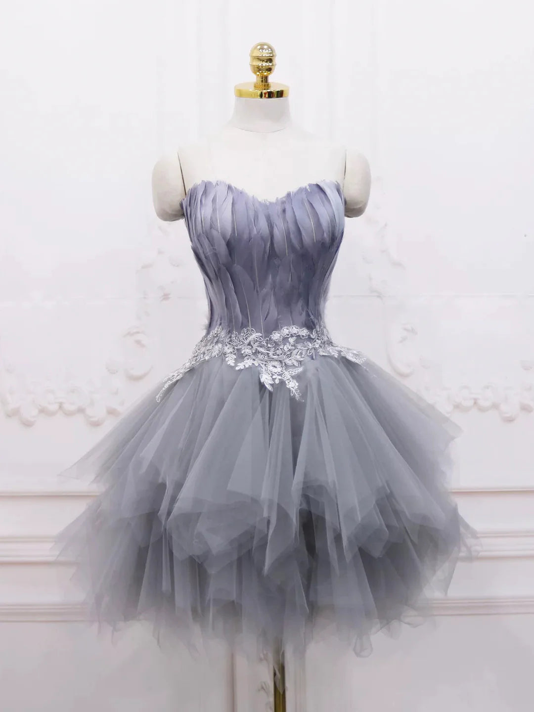 New Homecoming Dress Sweetheart Lace Feather Short Prom Dress Back to School Outfits Party Dress  D6084