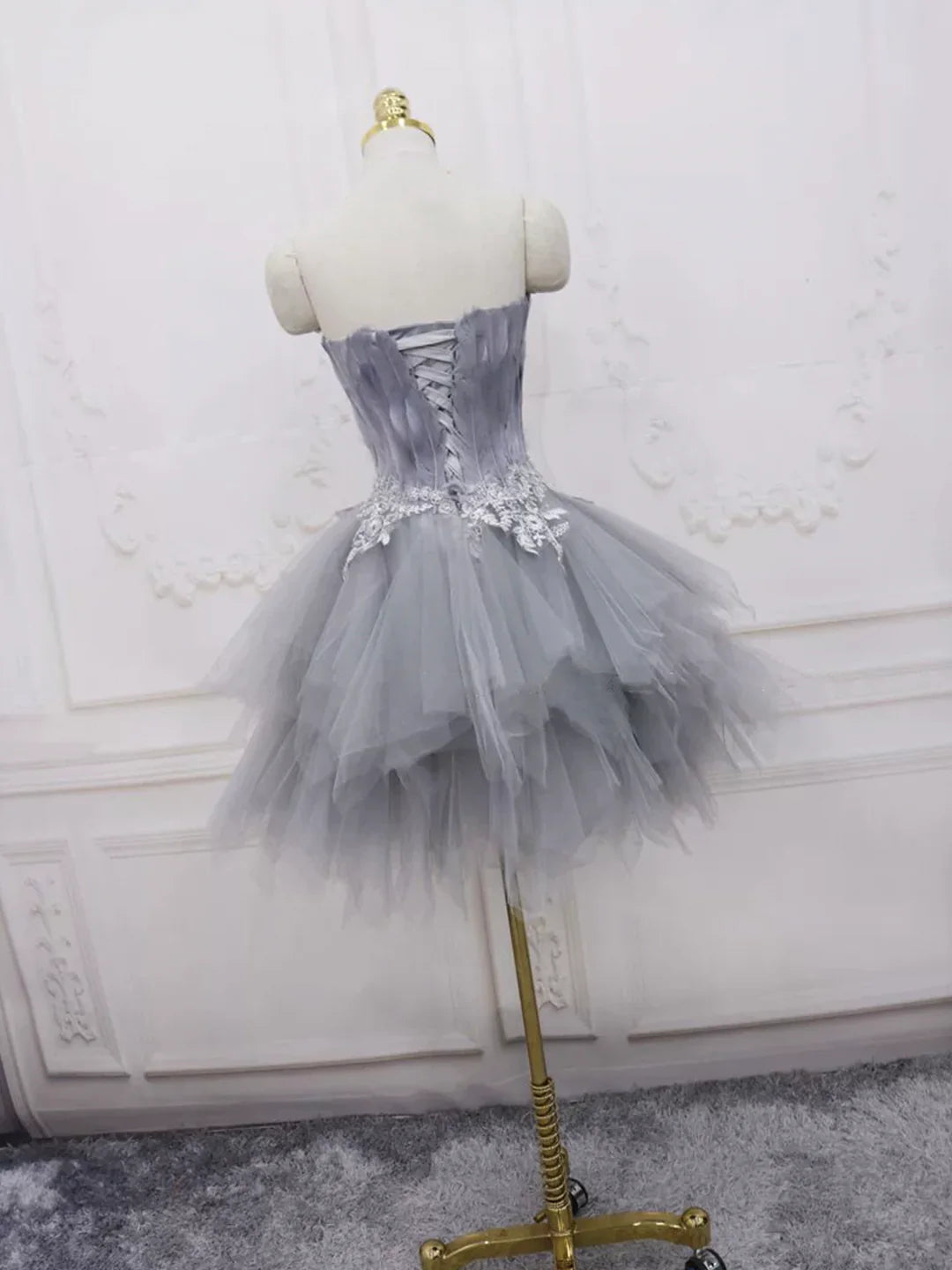 New Homecoming Dress Sweetheart Lace Feather Short Prom Dress Back to School Outfits Party Dress  D6084