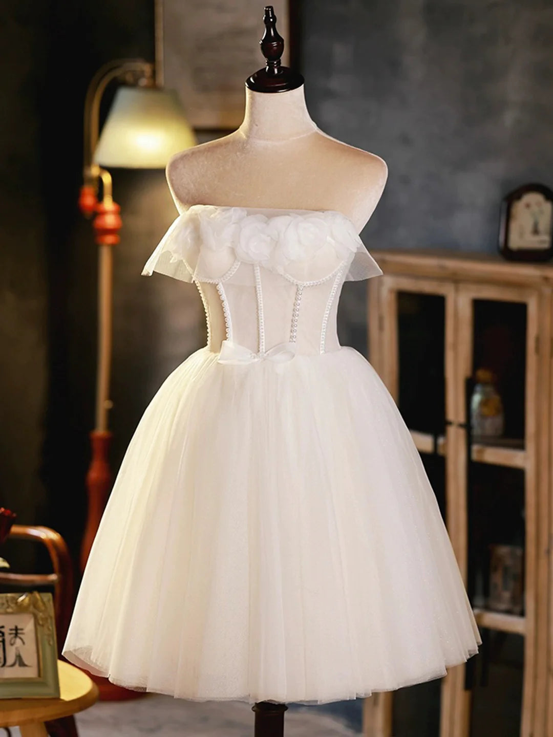 New Homecoming Dress Strapless Tulle Beaded Short Prom Dress Back to School Outfits Party Dress  D6086
