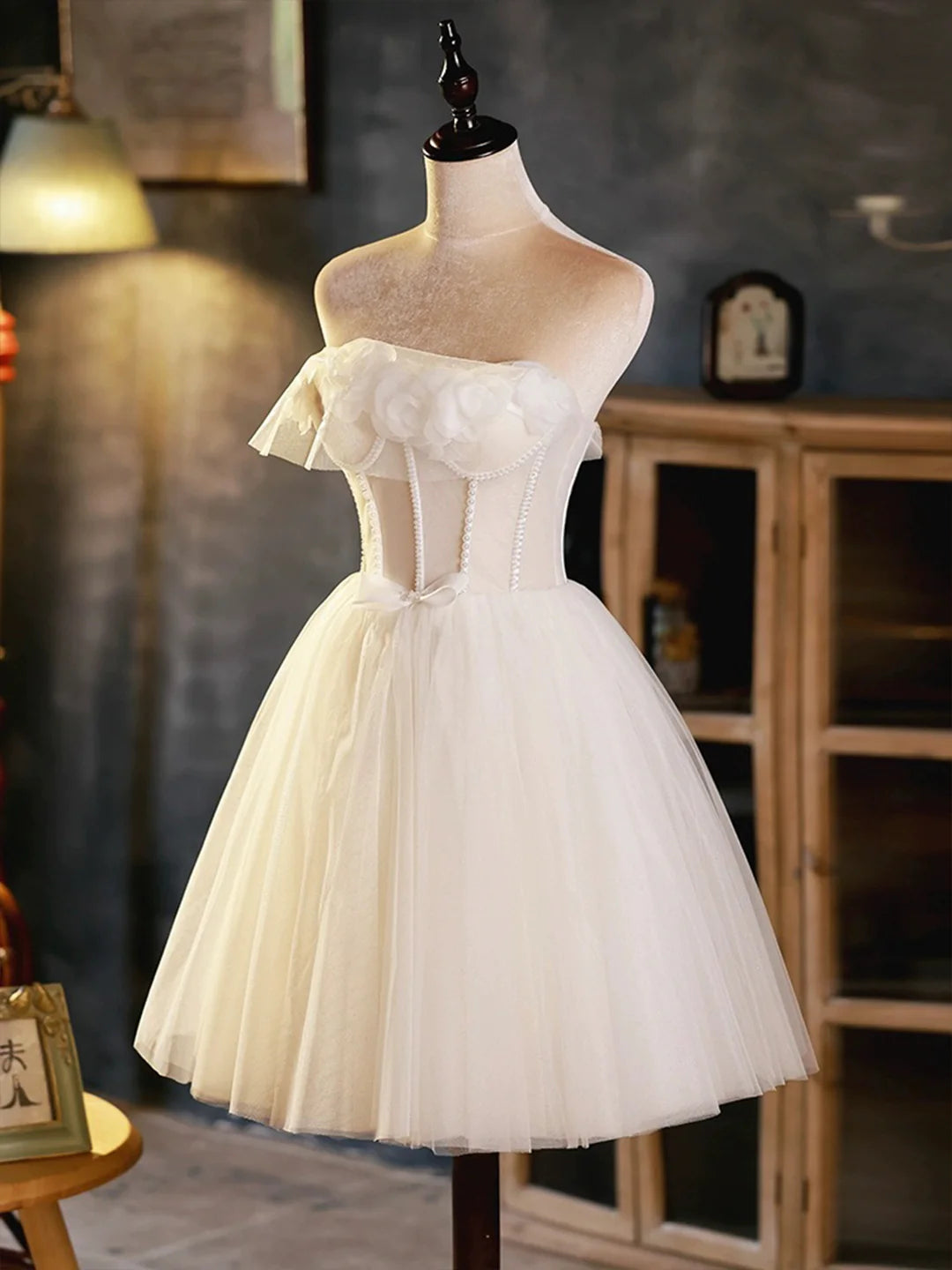 New Homecoming Dress Strapless Tulle Beaded Short Prom Dress Back to School Outfits Party Dress  D6086