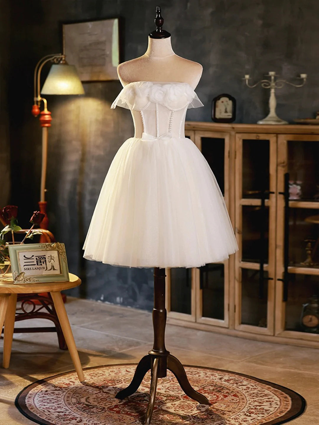 New Homecoming Dress Strapless Tulle Beaded Short Prom Dress Back to School Outfits Party Dress  D6086