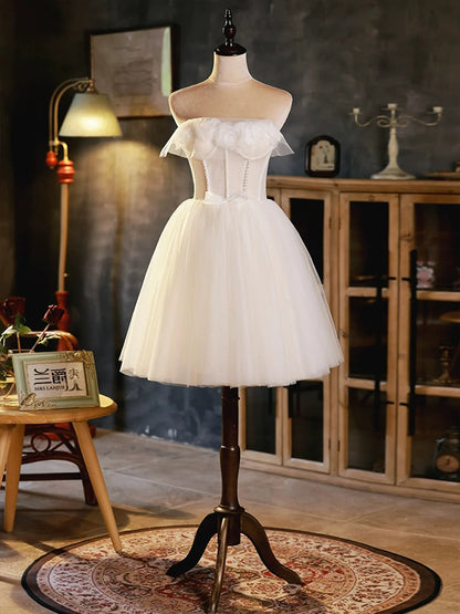 New Homecoming Dress Strapless Tulle Beaded Short Prom Dress Back to School Outfits Party Dress  D6086