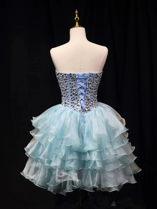 New Homecoming Dress Strapless Tulle Crystal Short Prom Dress Back to School Outfits Party Dress  D6085