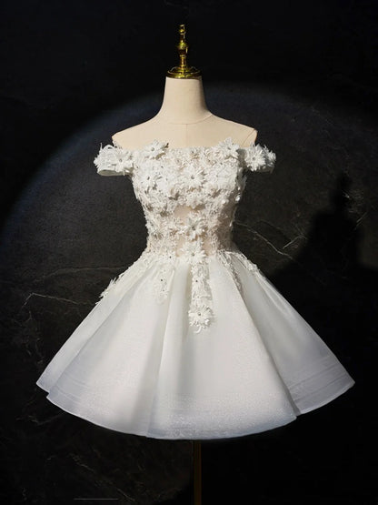 Chic Homecoming Dress Off the Shoulder Lace Flower Short Prom Dress Back to School Outfits Party Dress  D6087